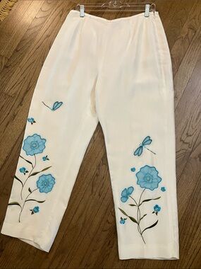 Cream Silk Pants with Blue Floral & Dragonfly Embroidery and Beading 14